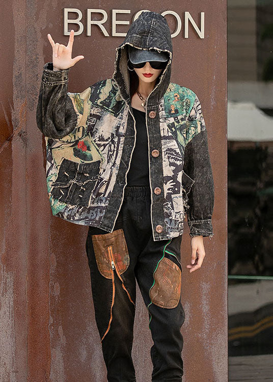 Denim Patchwork Knit Print Pockets Fall Jacket Long Sleeve