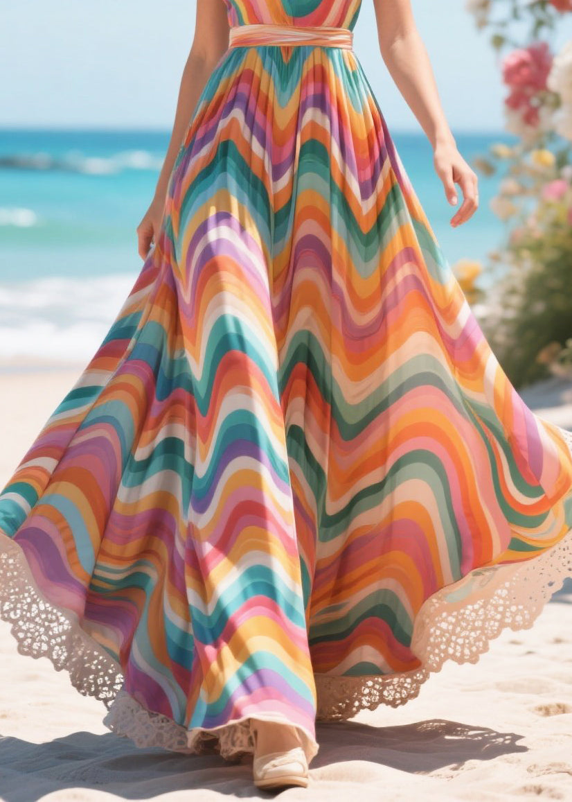 Rainbow Striped Exra Large Hem Chiffon Summer Dress