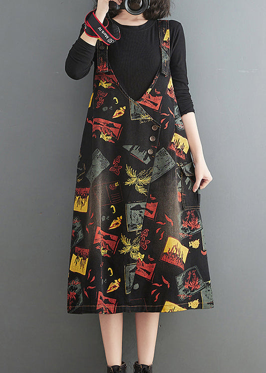 Black V Neck Asymmetrical Button Print Strap Denim Dress Summer