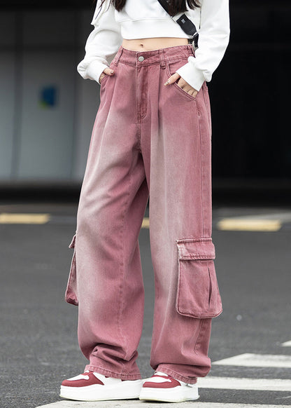 Pockets Patchwork Denim Wide Leg Pants Fall