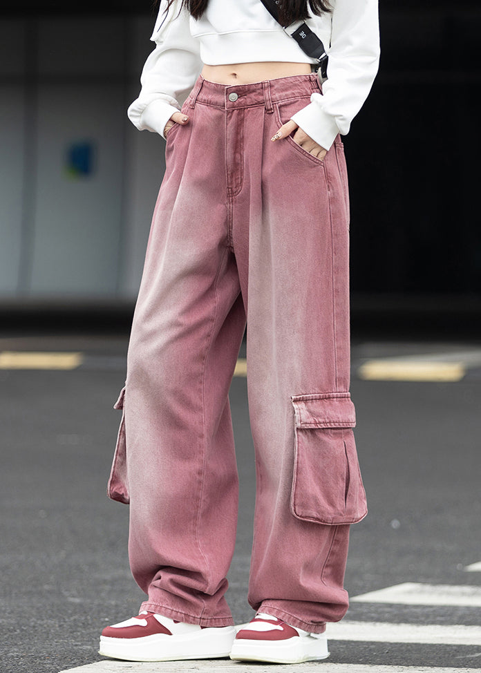 Pockets Patchwork Denim Wide Leg Pants Fall