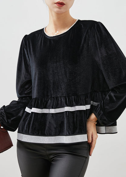 Black O-neck Patchwork Silk Velvet Sweatshirt Top Spring