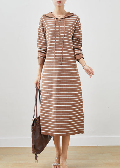 Khaki Hooded Striped Knit Sweatshirts Dress Winter