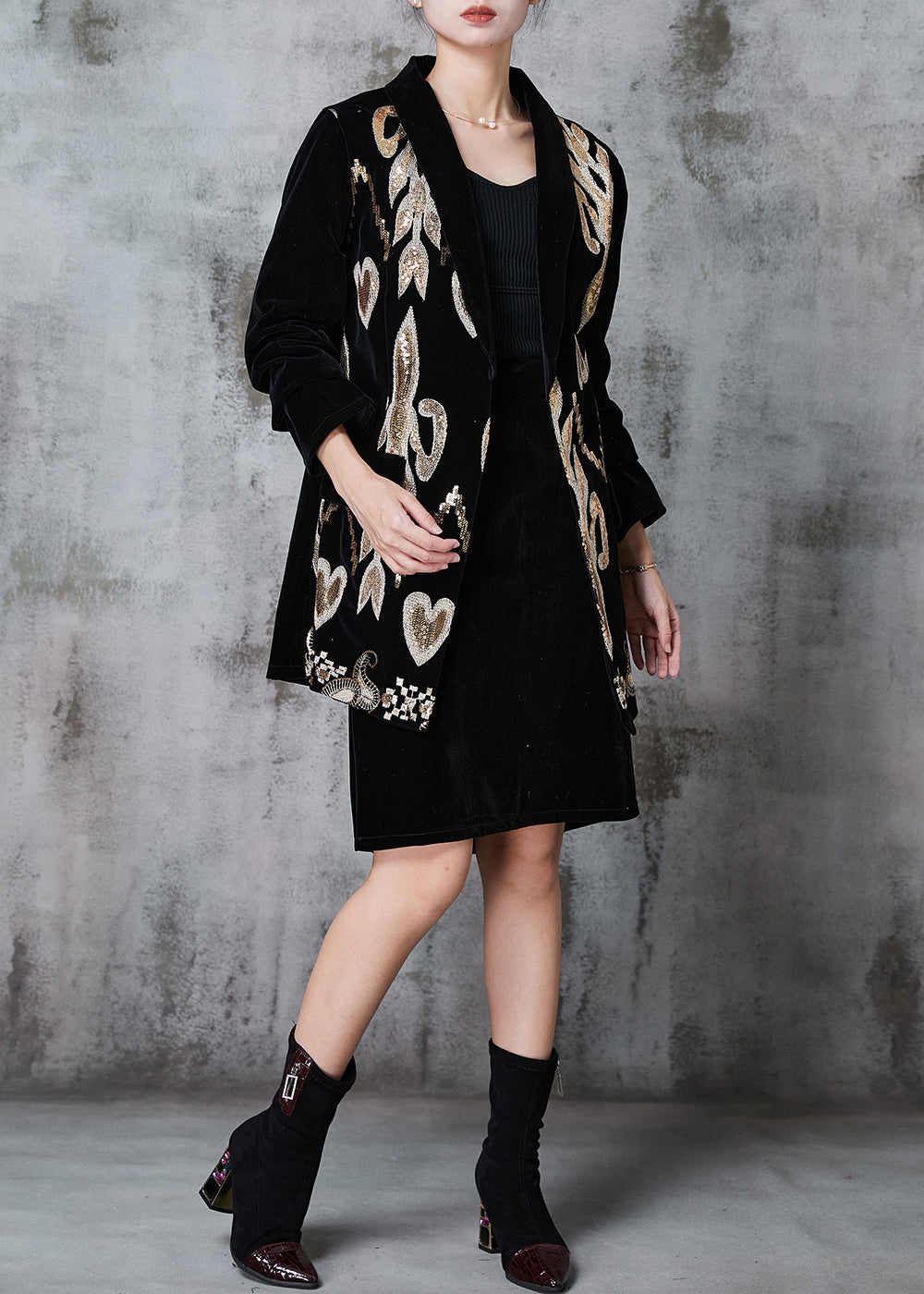 French Black Sequins Silk Velour Two Pieces Set Spring
