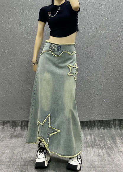 Blue Tasseled Nail Bead High Waist Denim Skirts Fall