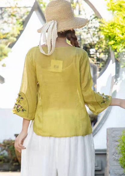 Ginger Loose Linen Tops V Neck Three Quarter Sleeve
