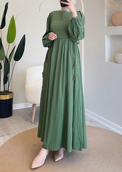 Green Wrinkled Lace Up Long Dress Fall