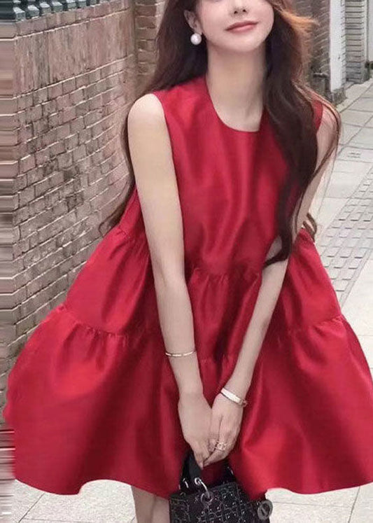Brief Red Patchwork O-neck Mid Dresses Summer
