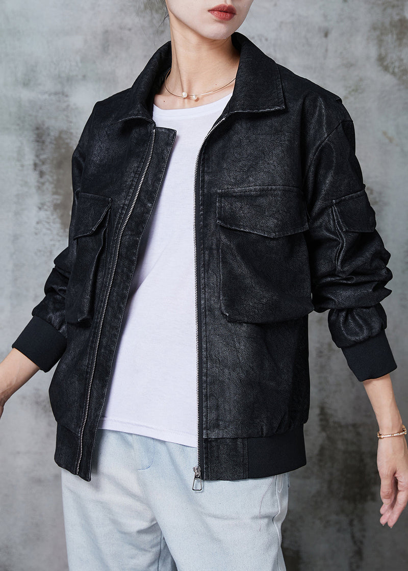 Black Oversized Pockets Faux Leather Jacket Spring