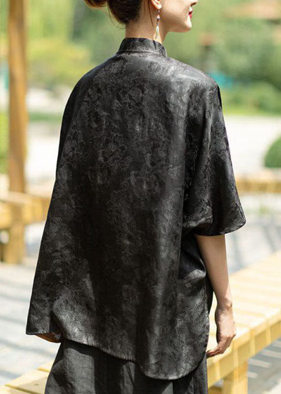 Black Stand Collar Low High Design Jacquard Silk Tops Batwing Sleeve