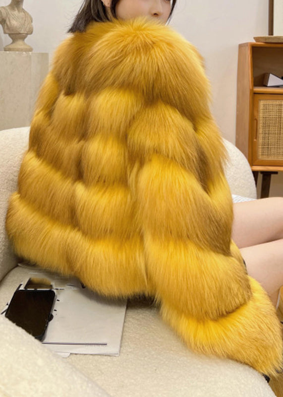 Yellow Patchwork Leather and Fur Coats Winter
