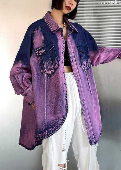 Classy Tie Dye Purple Asymmetrical Design Cotton Long Sleeve Spring Shirt