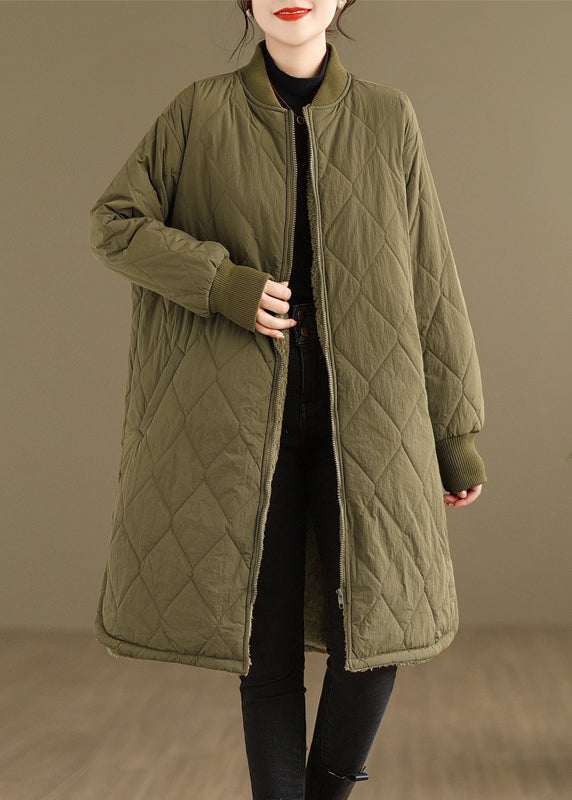 Khaki Pockets Zippered Warm Fleece Coat Winter