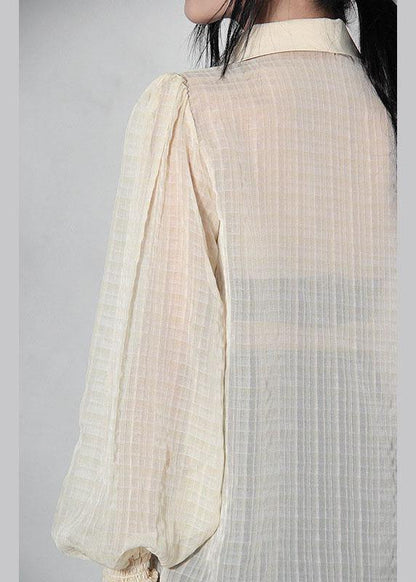 Art Beige Plaid Pockets Button Blouse Tops Summer