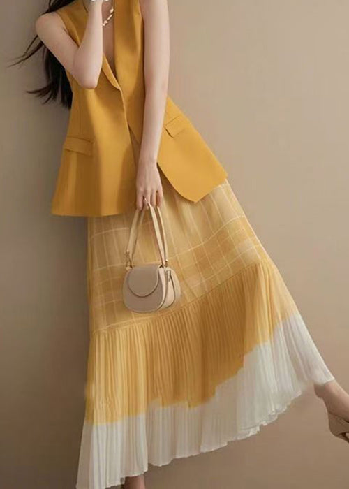 Pink V Neck Waistcoat and Wrinkled Skirts Two Pieces Set Sleeveless
