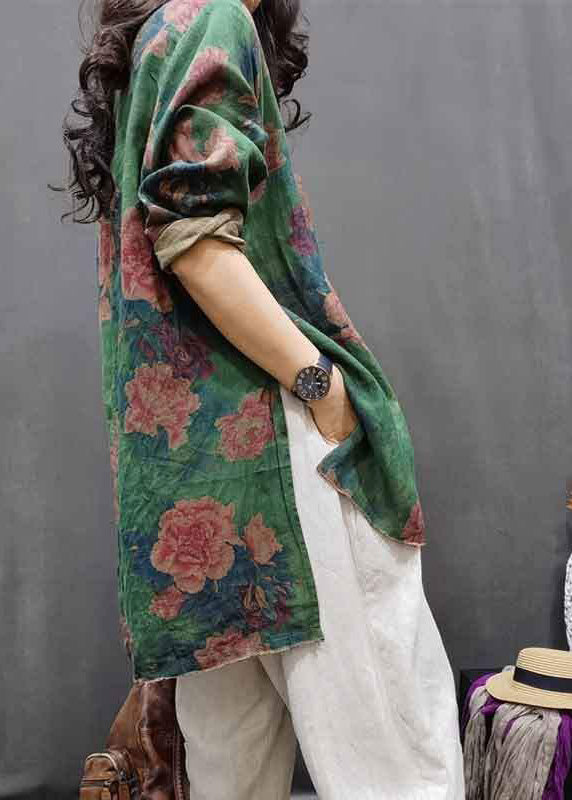 Green O-neck Patchwork Linen Shirts Fall