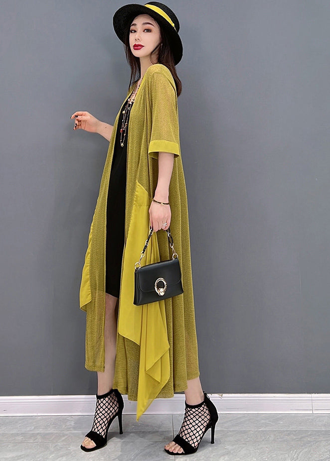 Yellow Asymmetrical Design Patchwork Loose Long Cardigans Summer