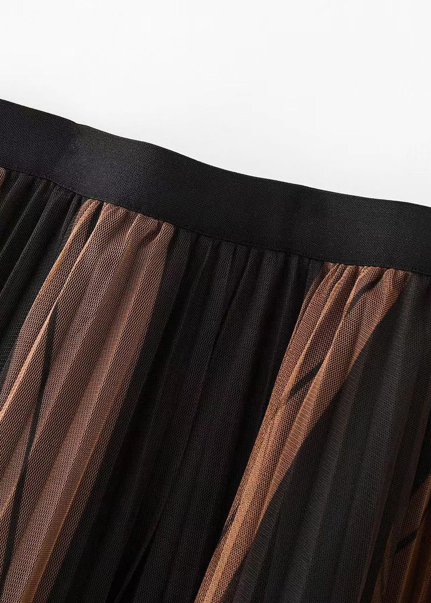 Coffee Gradient Elastic Waist Pleated Skirt Spring