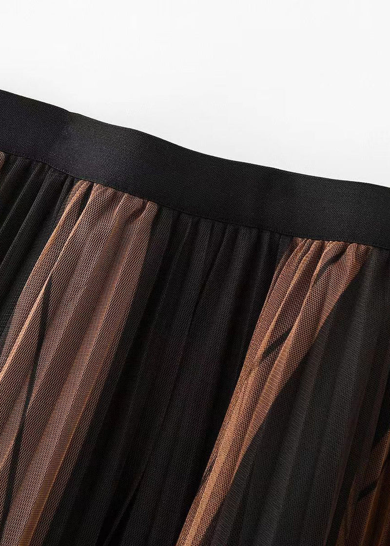 Coffee Gradient Elastic Waist Pleated Skirt Spring