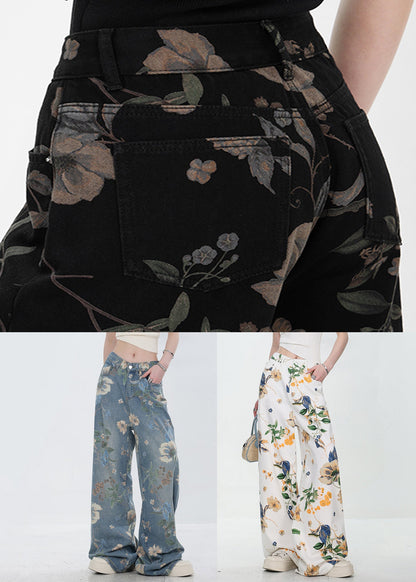 Black Pockets High Waist Denim Fall Wide Leg Pants Print