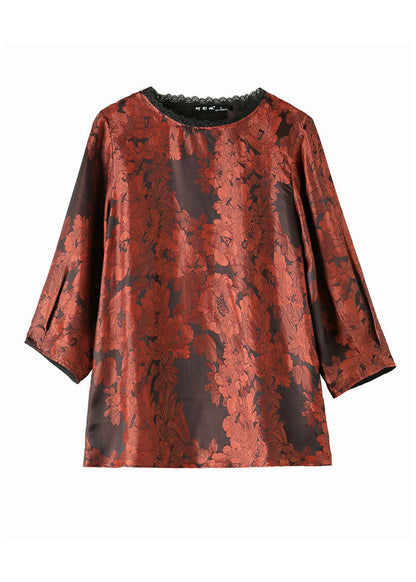 Brick Red O-neck Lace Patchwork Draping Silk Shirt Top Bracelet Sleeve