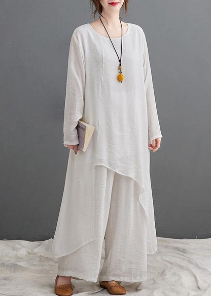 Large Size Loose Art Long White Top Wide Leg Pants Two Piece Suit for