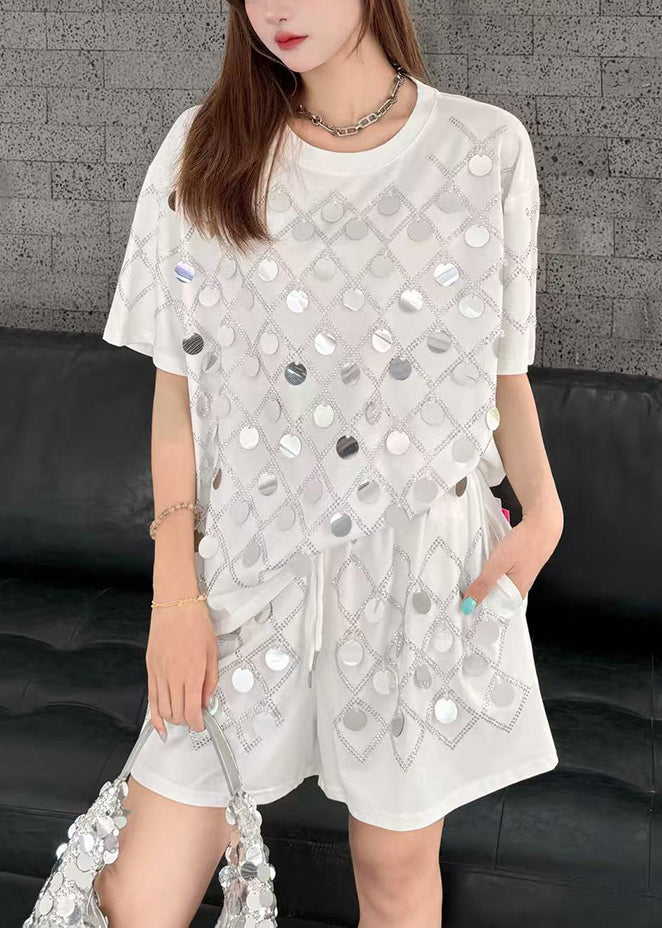Organic White Sequins Cotton Two Piece Set Clothing Summer