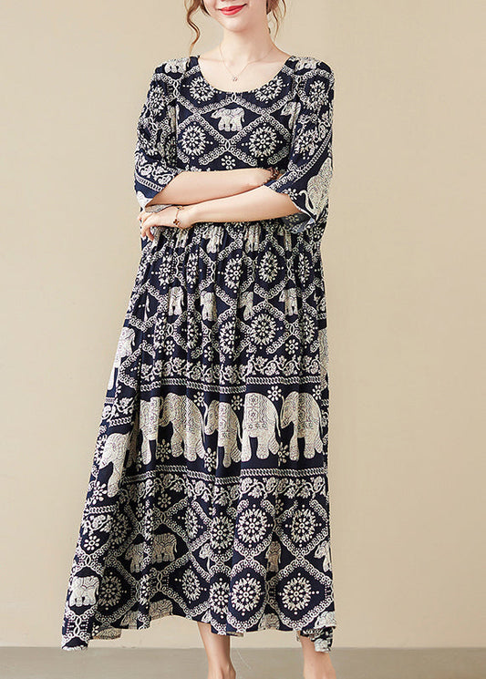 Black O-neck Elephant Print Chiffon Party Dress Half Sleeve