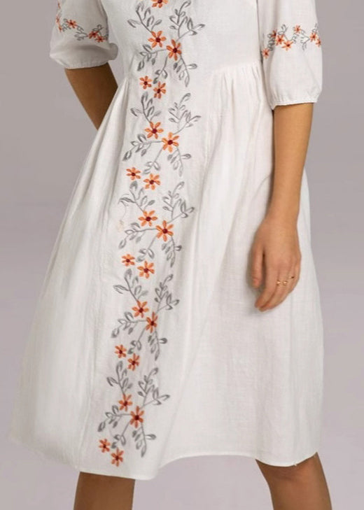 Loose White Embroidered Zippered Cotton Dresses Half Sleeve Summer