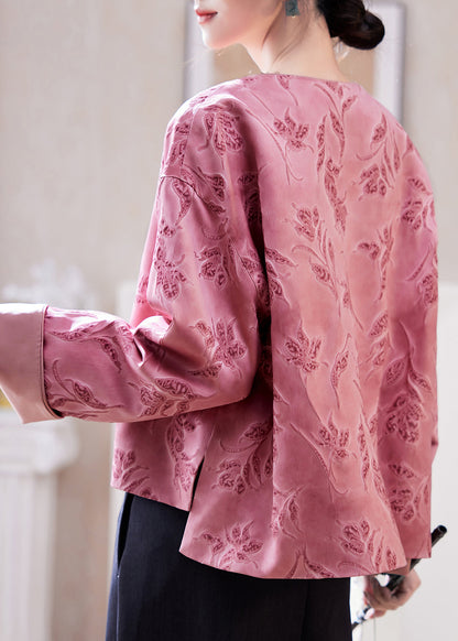 Chinese Style Pink O-neck Print Coats Batwing Sleeve