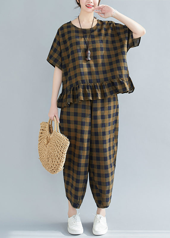 Loose Army Green O-neck Ruffles Plaid Two Pieces Set Short Sleeve