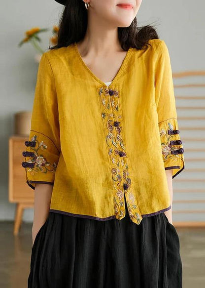 Yellow Ramie Cardigan Embroidered Shirt