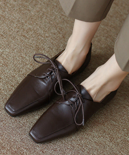 Grey Sheepskin Lace Up Splicing Square Toe Flat Shoes