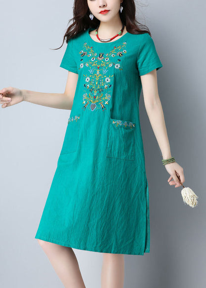 Green O-neck Side Open Embroideried Pockets Cotton Dresses Short Sleeve