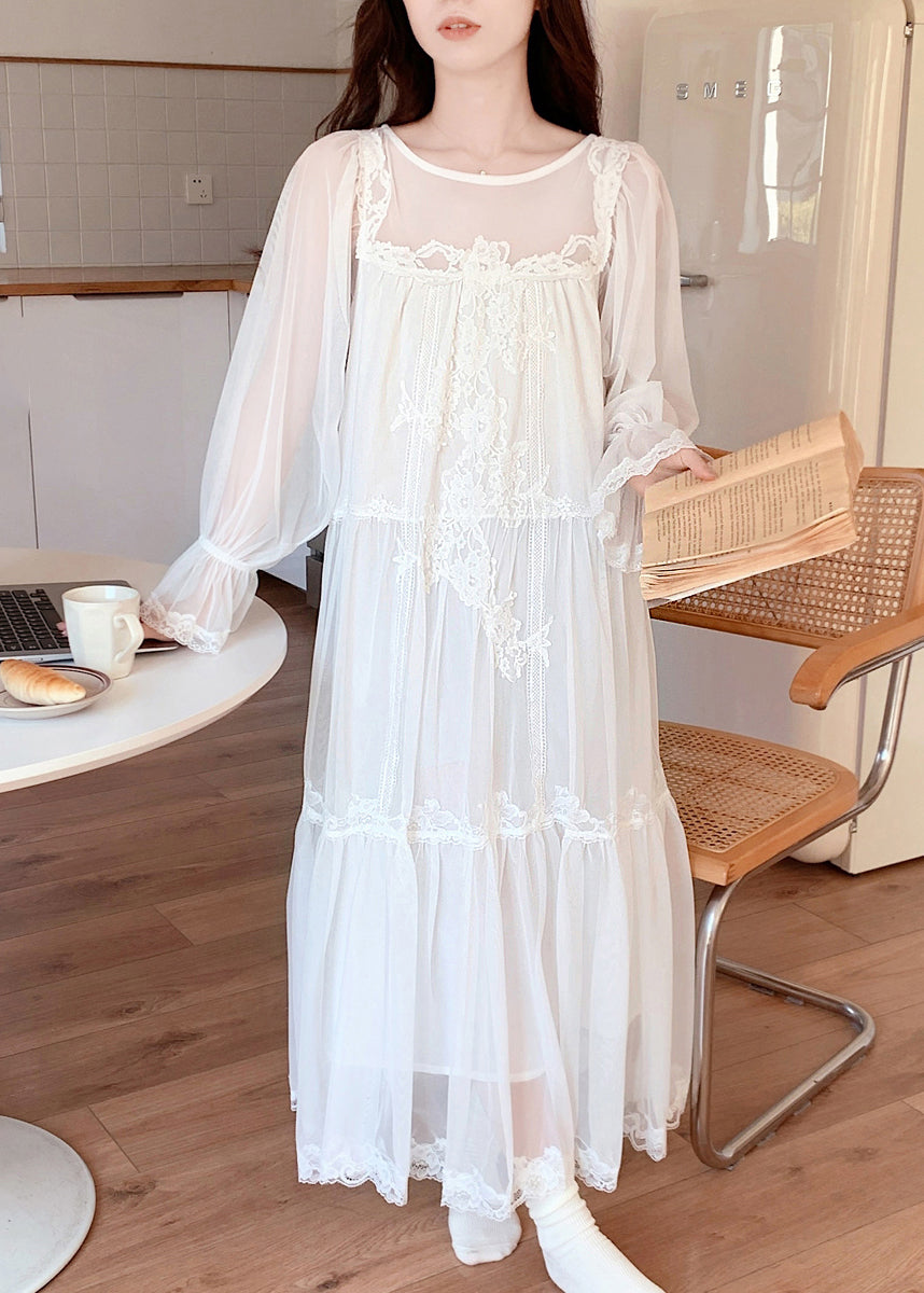White O-neck Embroidered Tulle Vacation Long Dresses Long Sleeve