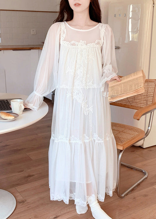 White O-neck Embroidered Tulle Vacation Long Dresses Long Sleeve