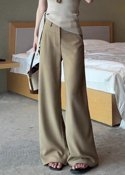 French Khaki Pockets High Waist Spandex Pants Fall
