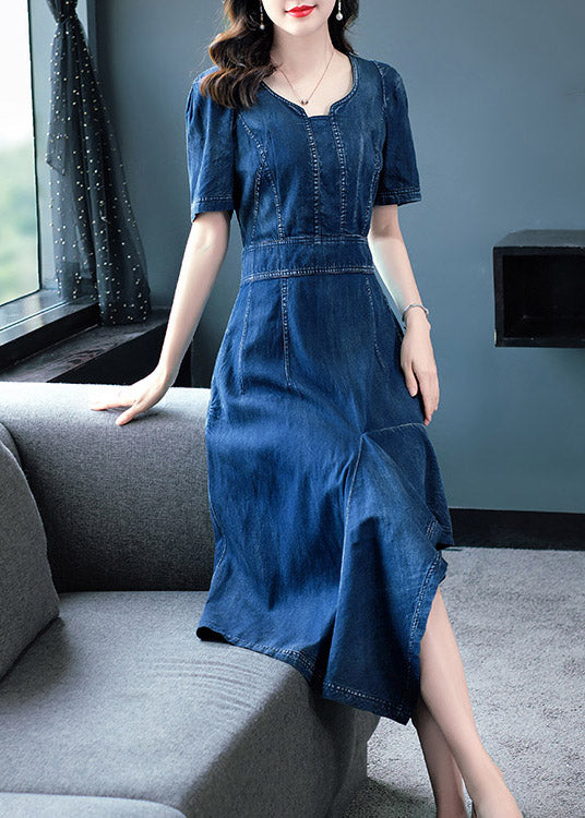 Classy Blue O-neck Asymmetrical Patchwork Cotton Holiday Denim Maxi Dress Short Sleeve