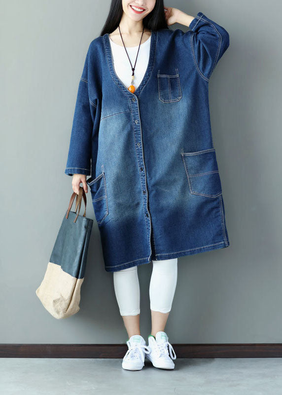 Blue V Neck Pockets Applique Cotton Denim Coats Spring