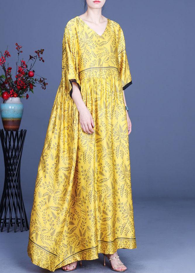 Art Yellow Print Silk Loose Long Dresses Summer