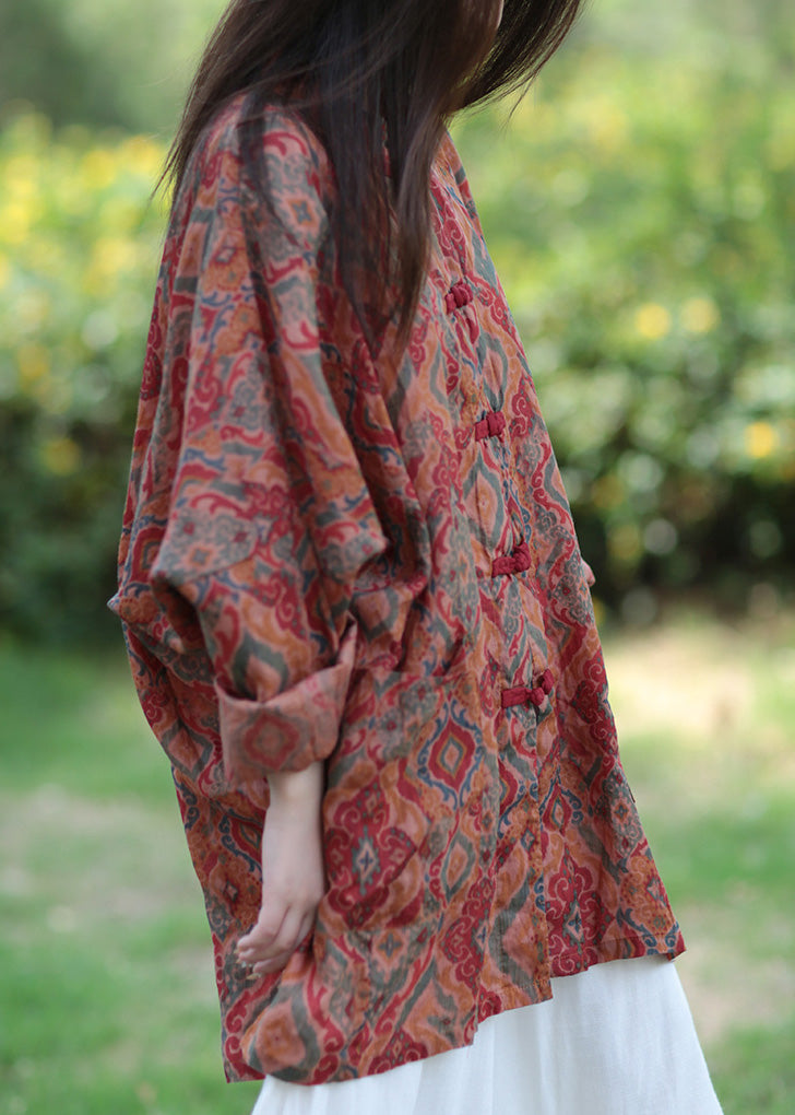 Stand Collar Print Button Ramie Long Coats Spring