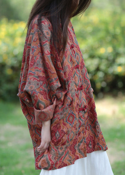 Stand Collar Print Button Ramie Long Coats Spring