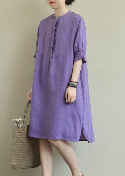 Purple Patchwork Low High Design Cotton Dress Half Sleeve