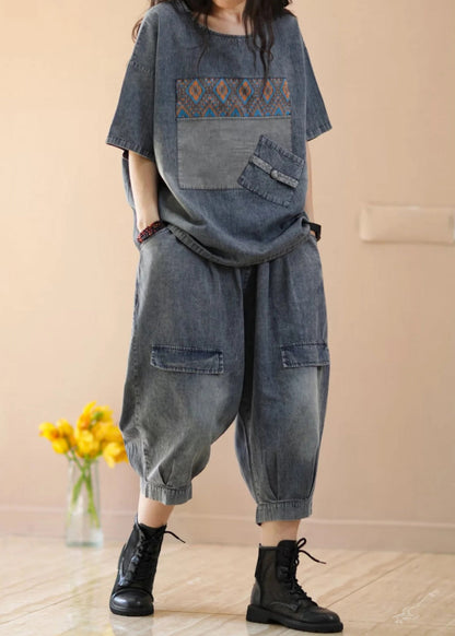 Blue Tops and Crop Pants Denim Two Piece Suit Set Summer