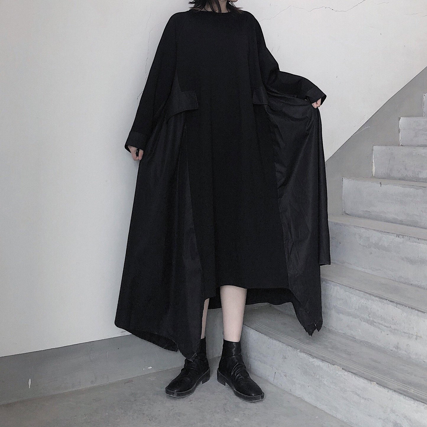 French Black Tunics O Neck Asymmetric a Line Spring Dress