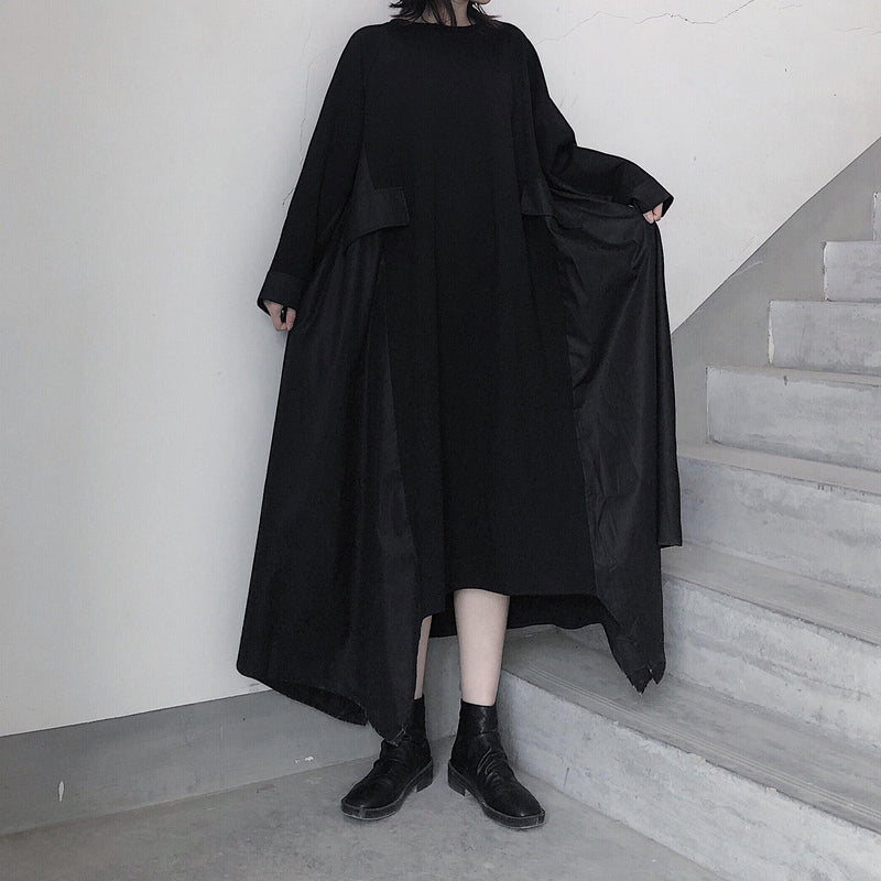 French Black Tunics O Neck Asymmetric a Line Spring Dress
