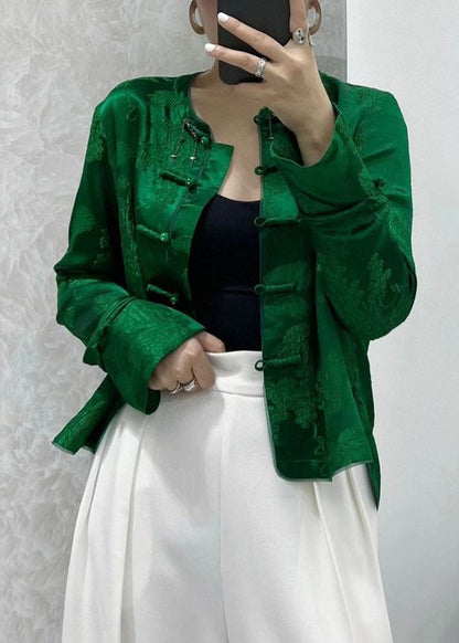 New Green Print Button Silk Shirts Coats Long Sleeve