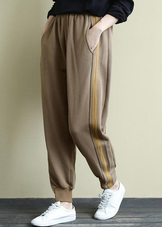 Khaki Pockets Elastic Waist Warm Fleece Beam Pants Winter