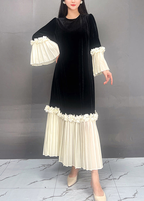 Red O Neck Chiffon Patchwork Velour Dresses Flare Sleeve