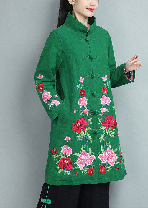 Green Stand Collar Embroideried Cotton Coats Fall